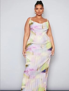 Multicolor Pleated Slip Dress with Pastel Tie-Dye